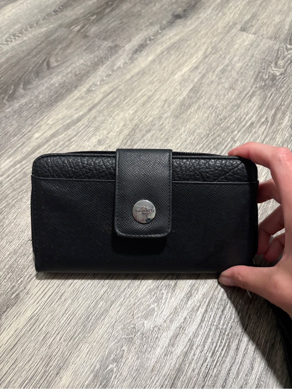 Tahari Black Leather Wallet with Snap Closure